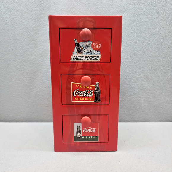 Coca Cola Red Tin Box Metal 3 Drawer File Cabinet with 6 sets of Collector Cards - Picture 2 of 15